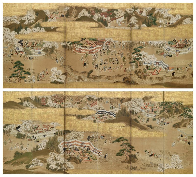 Anonymous, Scenes of Pleasure and Merriment at Mount Yoshino (Yoshinoyama yuraku zu), Sealed Morifuji, Edo period, late 17th – early 18th century |  吉野花見図屏風　守藤印　江戸時代前～中期　17世紀後半～18世紀初頭 - 图1