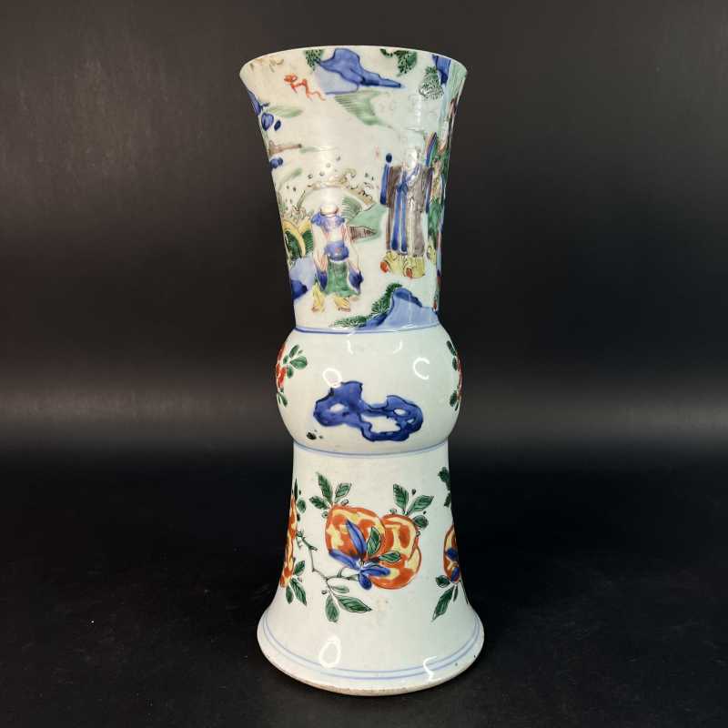 清顺治 青花五彩群仙祝寿纹花觚 - 图4