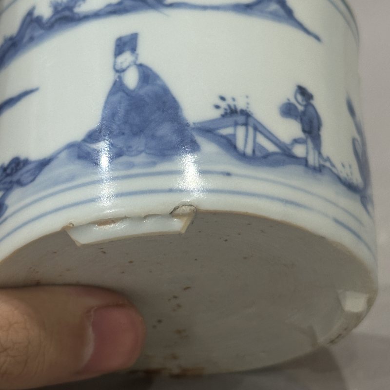明崇祯 青花人物高仕图筒式炉 - 图8
