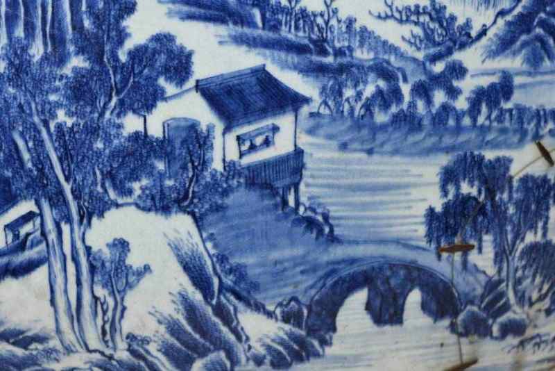 清雍正 青花通景山水楼台高士景致图大卷缸 - 图6