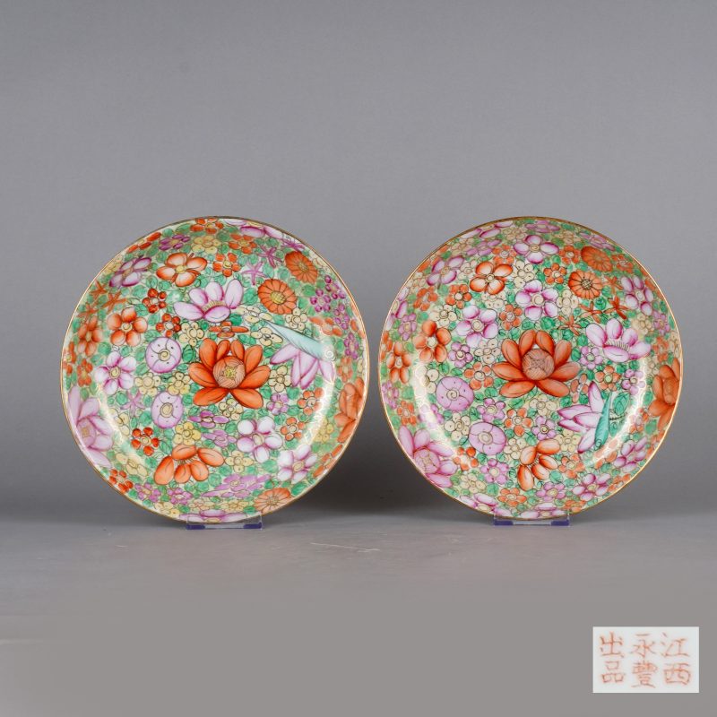 民国 粉彩百花盘一对