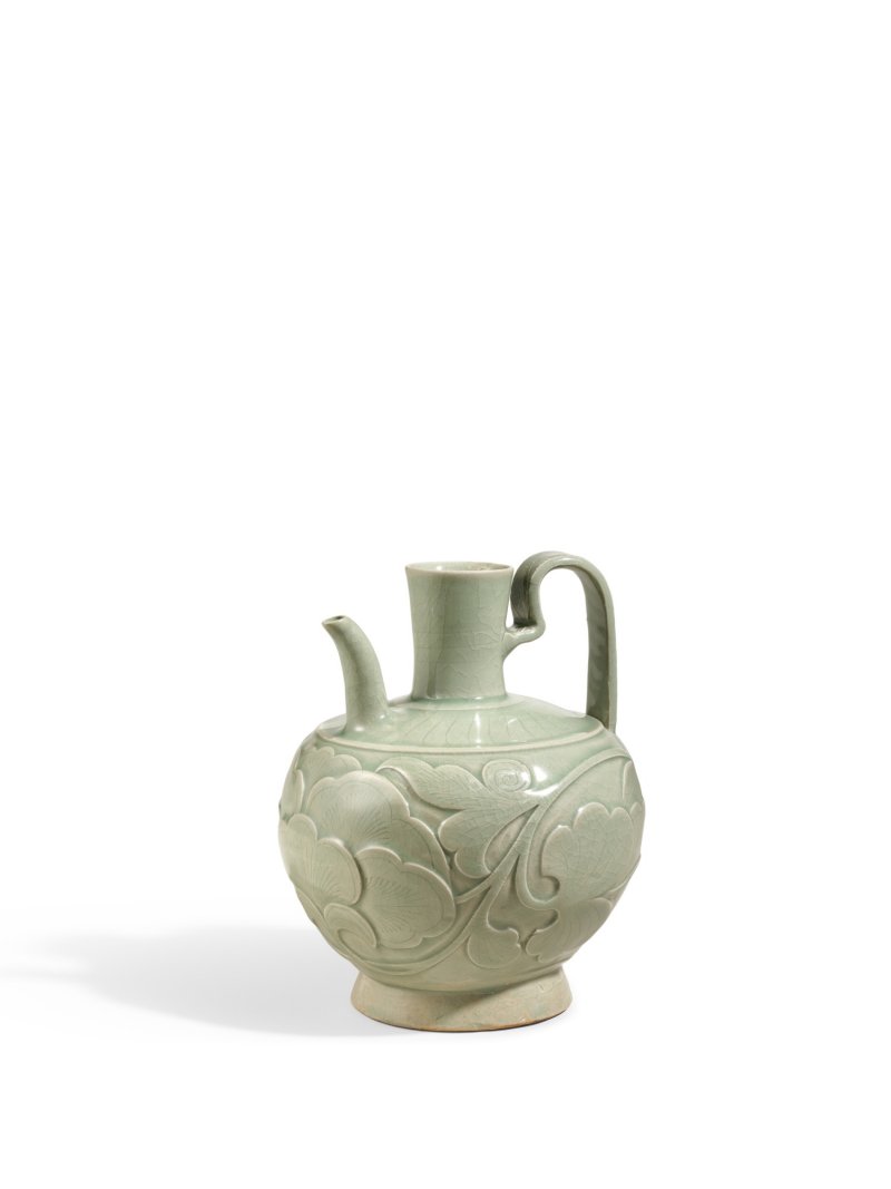 A finely carved Yaozhou celadon 'peony' ewer, Five Dynasties – Northern Song dynasty | 五代至北宋　耀州青釉刻纏枝牡丹紋執壺