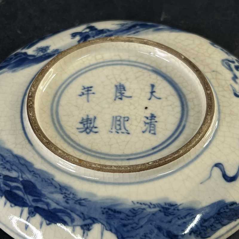 清中期 煨瓷青花山水人物纹印盒 - 图6