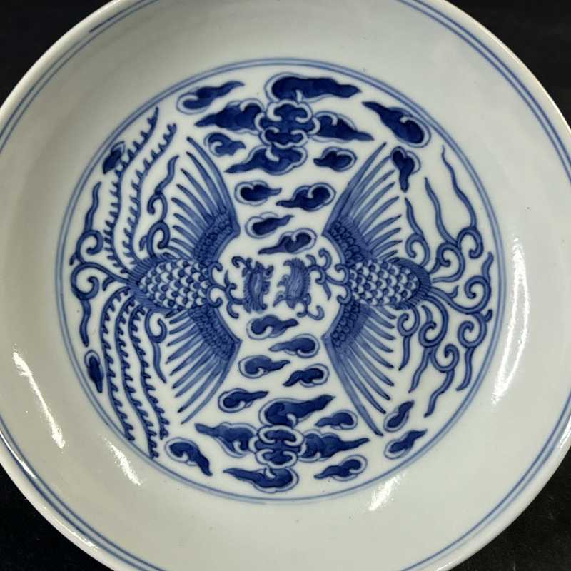 清同治 青花云凤纹盘 - 图2