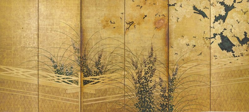 Attributed to the Hasegawa School, Wicker fence among wisteria, maple, bush clover and pampas grass, Edo period, early 17th century | 長谷川派　網代垣藤花・萩薄図屏風　江戸時代初頭　17世紀前半 - 图2