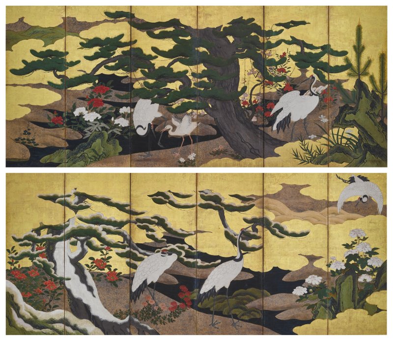Attributed to the Kano school, Cranes among pine, Edo period, 17th century | 狩野派　松に鶴図屏風　江戸時代初期　17世紀 - 图1