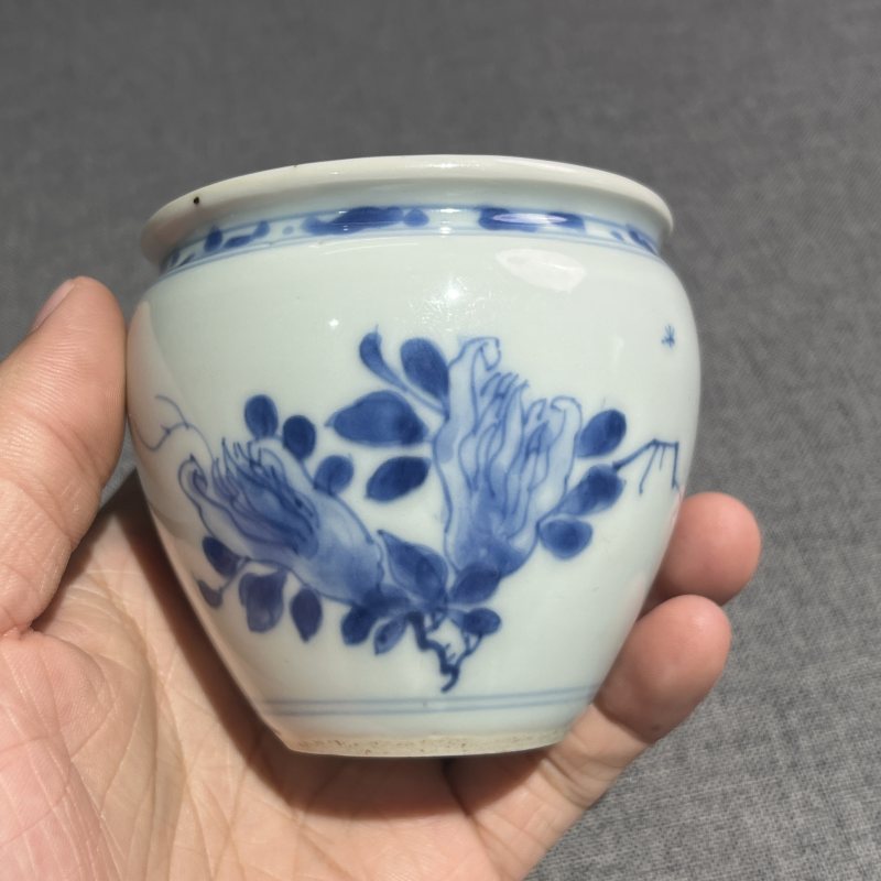 清康熙青花花卉鸡心缸 - 图4