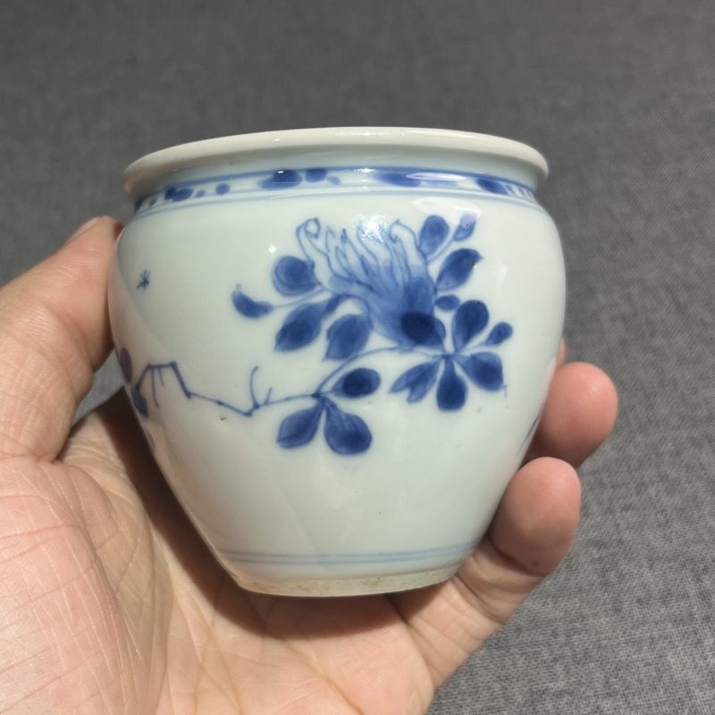 清康熙青花花卉鸡心缸 - 图5