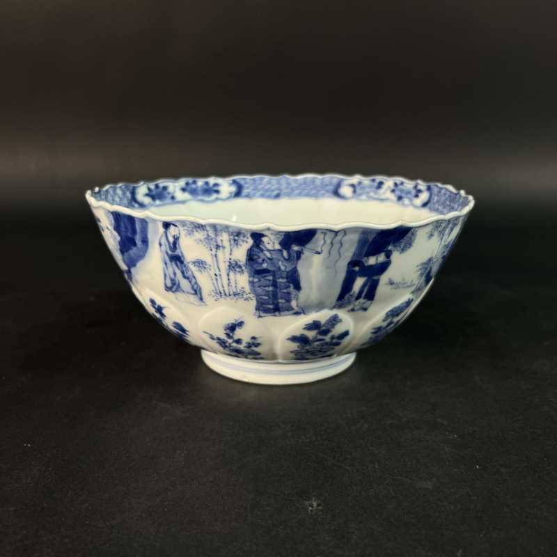 清康熙 青花竹林七贤纹莲瓣碗 - 图1
