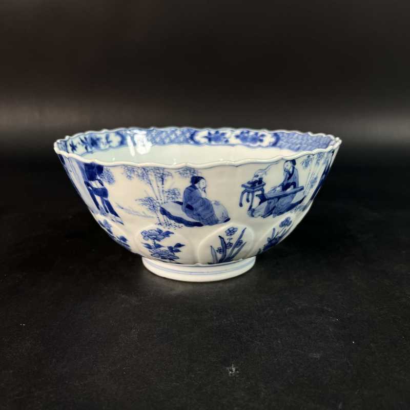 清康熙 青花竹林七贤纹莲瓣碗 - 图2
