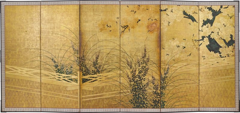 Attributed to the Hasegawa School, Wicker fence among wisteria, maple, bush clover and pampas grass, Edo period, early 17th century | 長谷川派　網代垣藤花・萩薄図屏風　江戸時代初頭　17世紀前半 - 图3