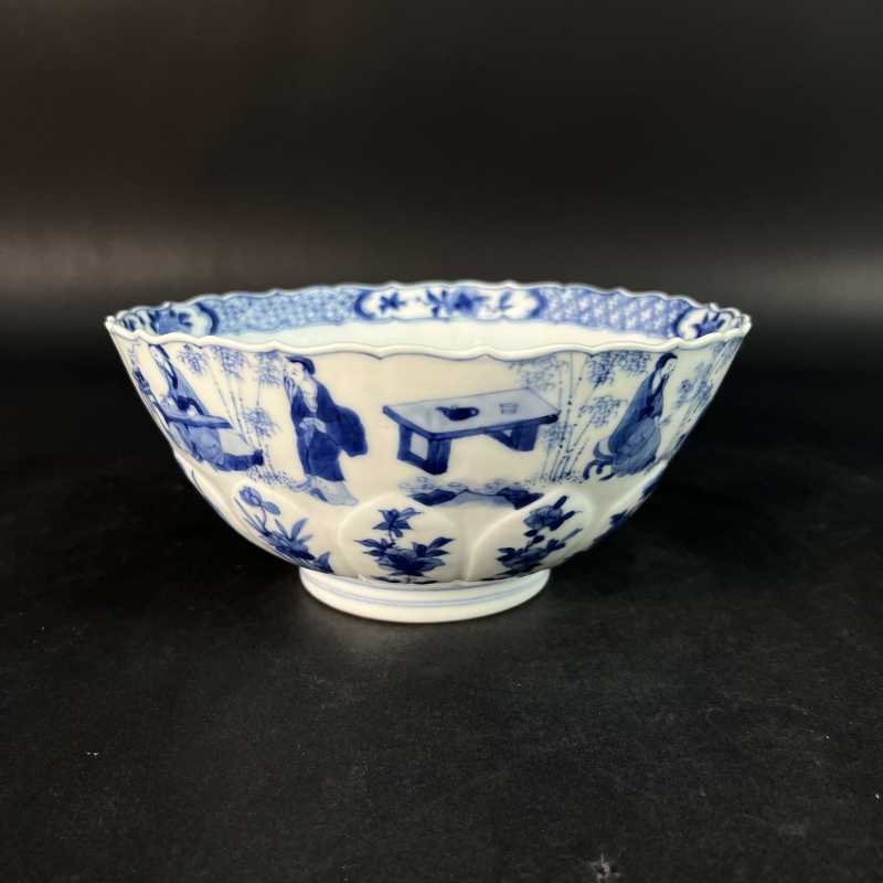 清康熙 青花竹林七贤纹莲瓣碗 - 图3
