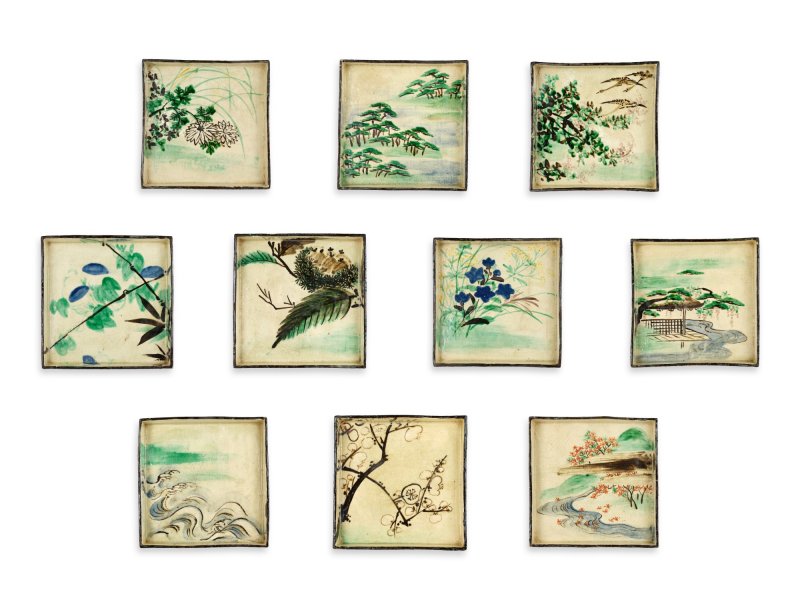 A set of ten enamelled stoneware dishes, Signed on the base Kenzan (Ogata Kenzan, 1663-1743), Kenzan ware, Kyoto, Edo period, 18th century | 尾形乾山　色絵絵替角皿　10各　江戸時代中期　18世紀前半 - 图1