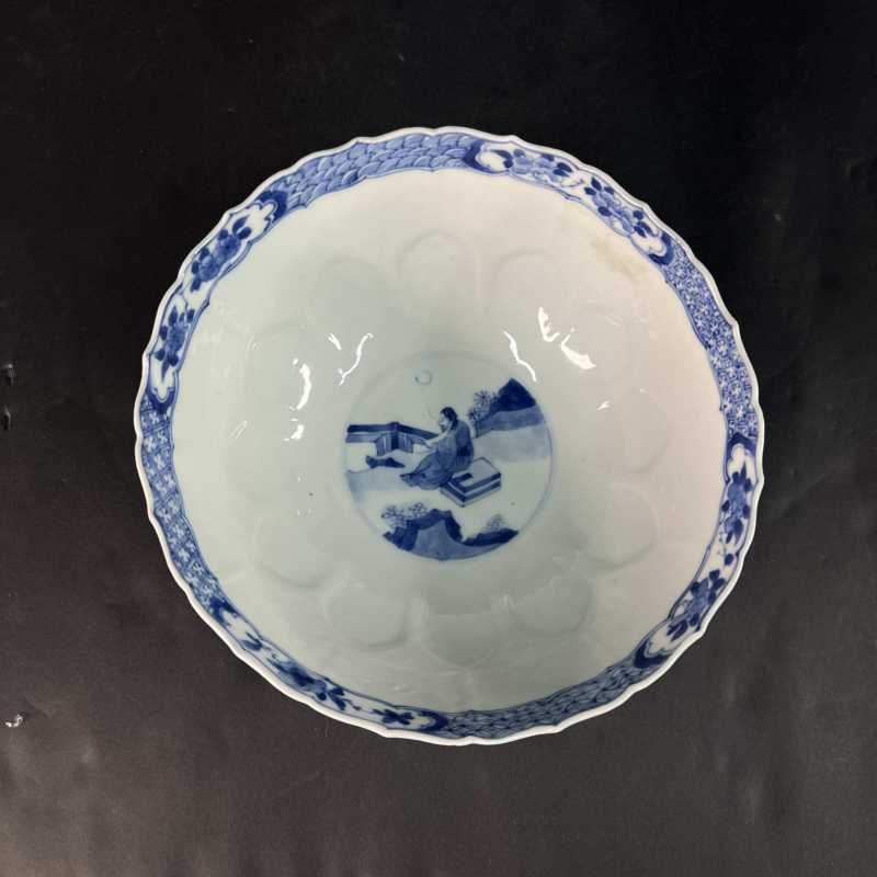 清康熙 青花竹林七贤纹莲瓣碗 - 图5