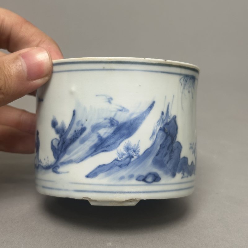 明崇祯 青花人物高仕图筒式炉 - 图4