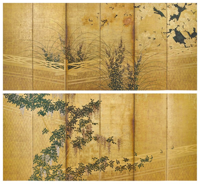 Attributed to the Hasegawa School, Wicker fence among wisteria, maple, bush clover and pampas grass, Edo period, early 17th century | 長谷川派　網代垣藤花・萩薄図屏風　江戸時代初頭　17世紀前半 - 图1