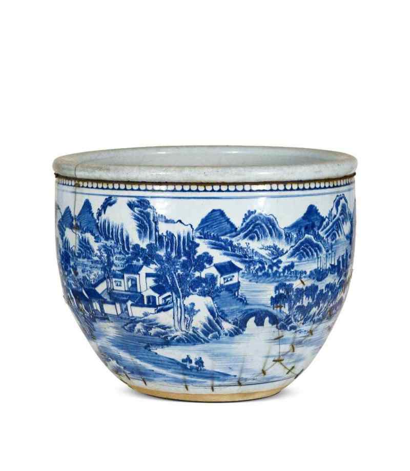清雍正 青花通景山水楼台高士景致图大卷缸 - 图1