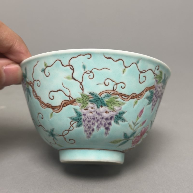 清光绪 松石粉彩紫藤八哥纹碗一对 - 图10