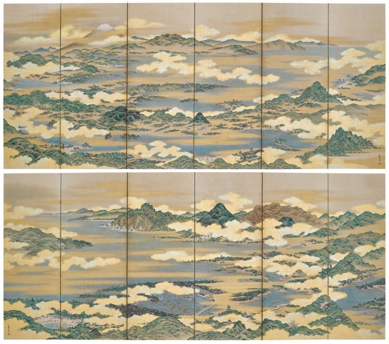 Sakuma Soen (d. 1828), Bird’s-Eye View of Famous Places (Meisho chokan-zu), Edo period, 18th century | 佐久間草偃　名所鳥瞰図屏風　江戸時代中期　18世紀末期 - 图1