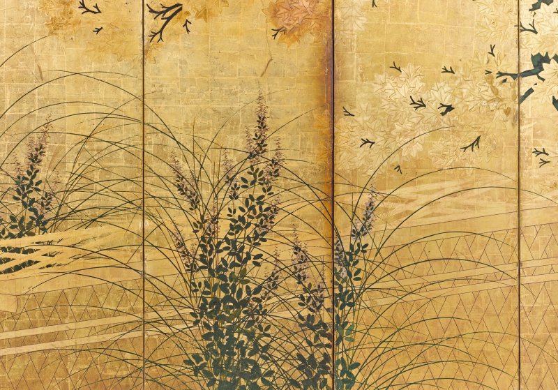 Attributed to the Hasegawa School, Wicker fence among wisteria, maple, bush clover and pampas grass, Edo period, early 17th century | 長谷川派　網代垣藤花・萩薄図屏風　江戸時代初頭　17世紀前半 - 图4
