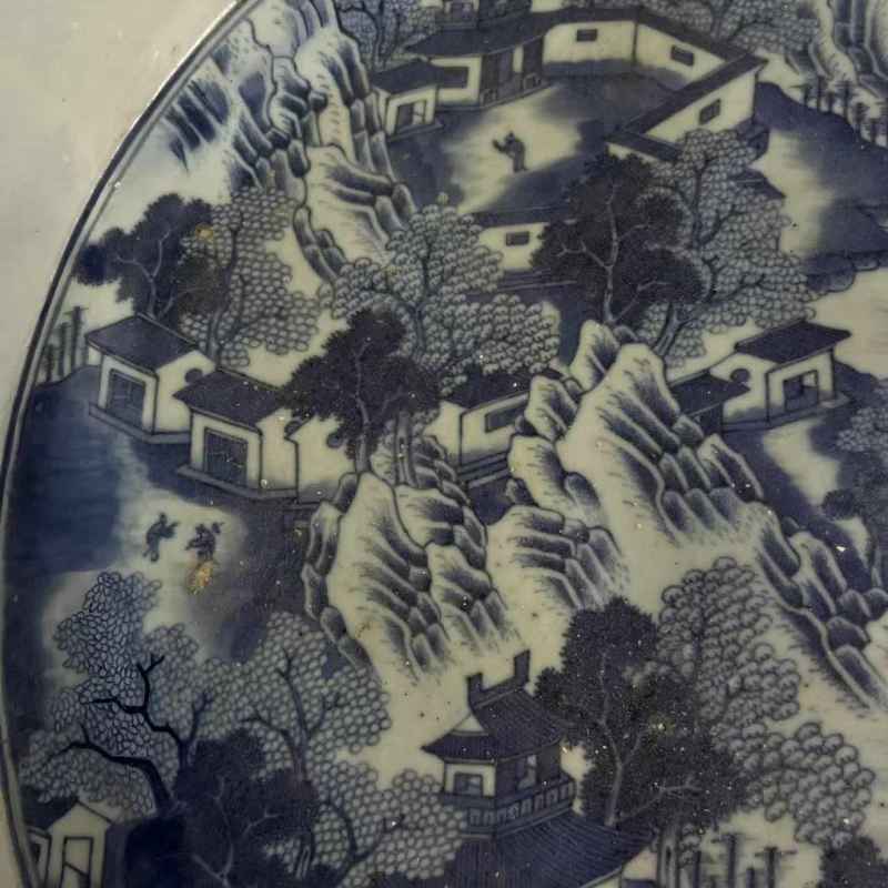 清 青花山水人物纹鱼浅 - 图3