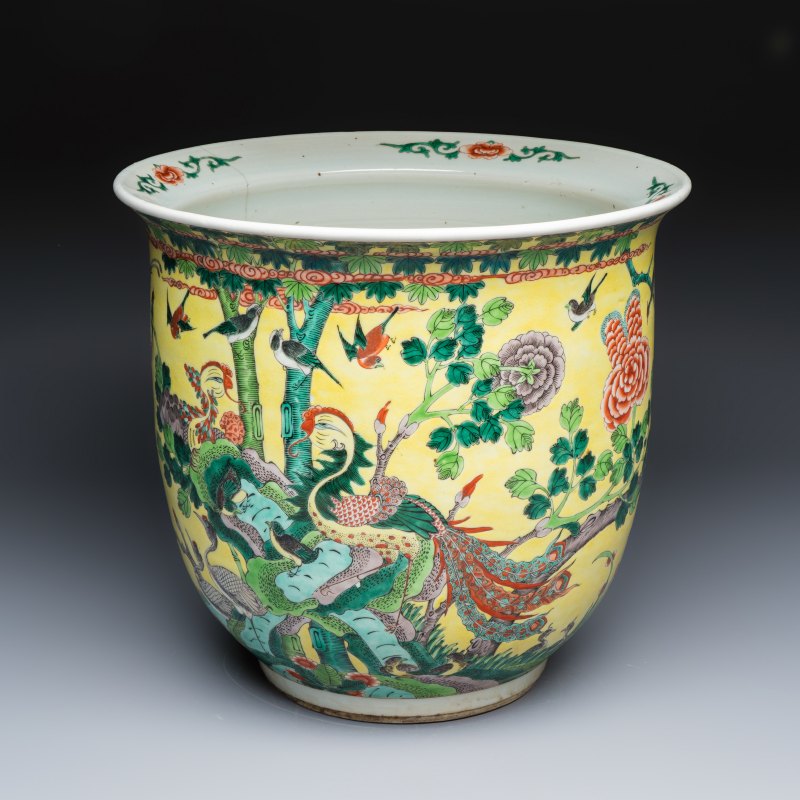 A Chinese famille verte yellow-ground 'Birds among Flowering Branches' jardinière