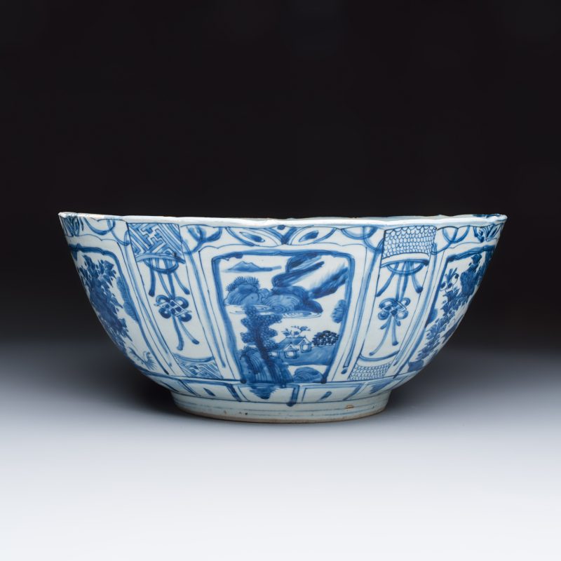 A large Chinese 'Kraak' blue and white 'Mountainous Landscape' bowl