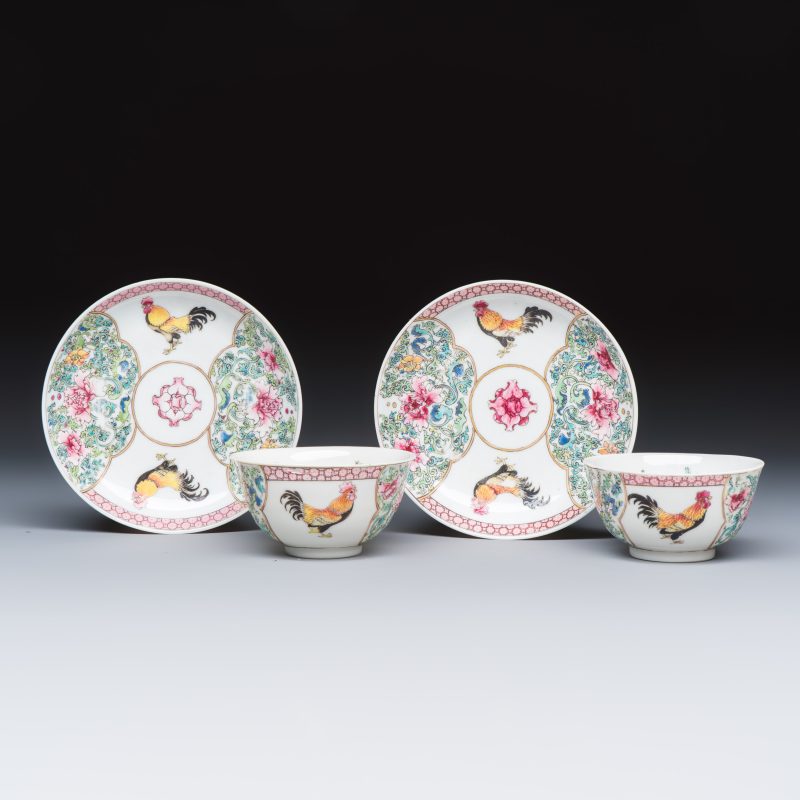 A pair of fine Chinese famille rose 'Rooster' tea bowls and saucers