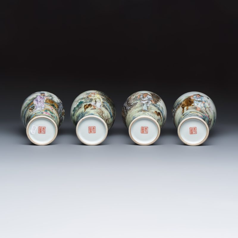 漁樵耕讀 | A set of four Chinese famille rose 'Yu Qiao Geng Du 漁樵耕讀' vases - 图7
