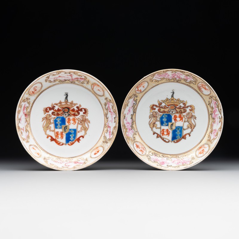 A pair of Chinese famille rose armorial saucers with the arms of Arendsma van Idsinga for the Dutch market