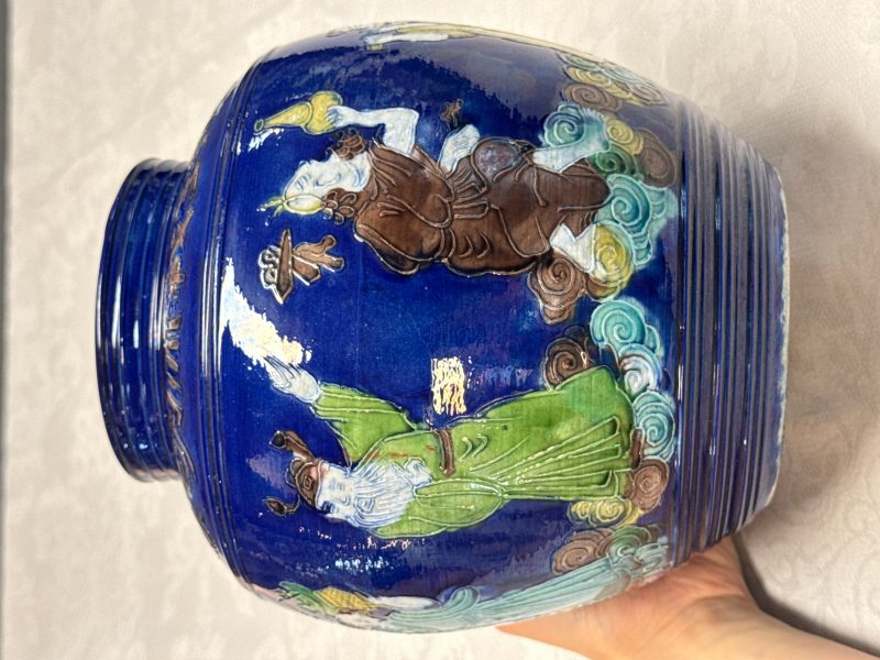 An inscribed Chinese polychrome-glazed blue-ground 'Eight Immortals' vase - 图9