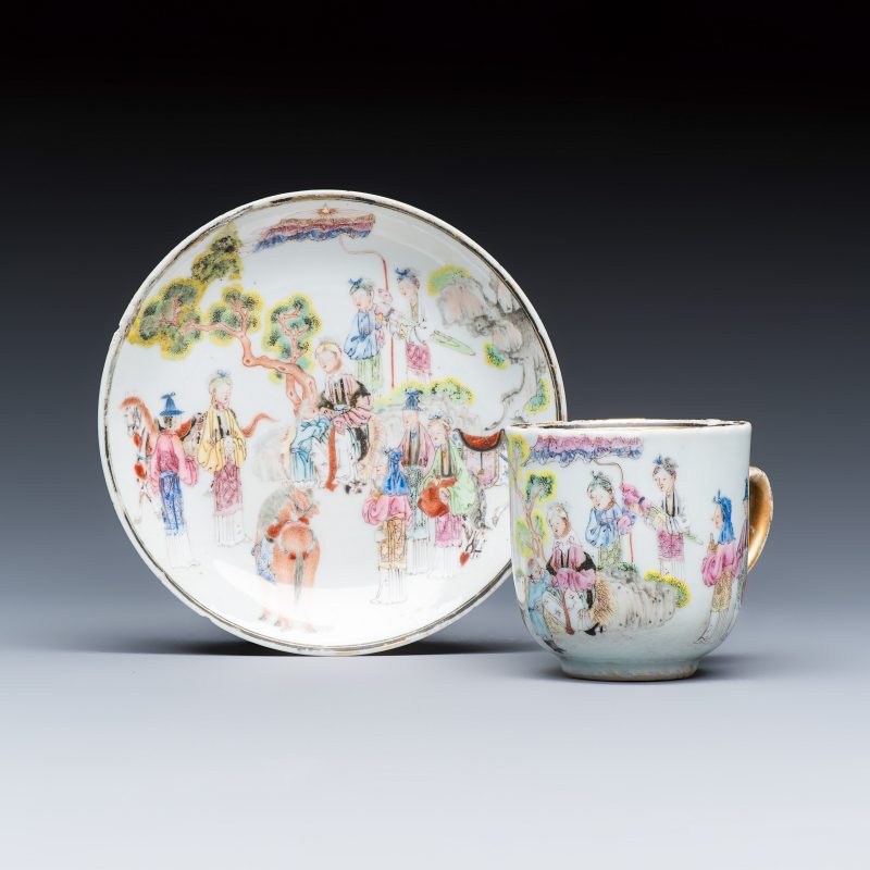 A fine Chinese famille rose cup and saucer with narrative design
