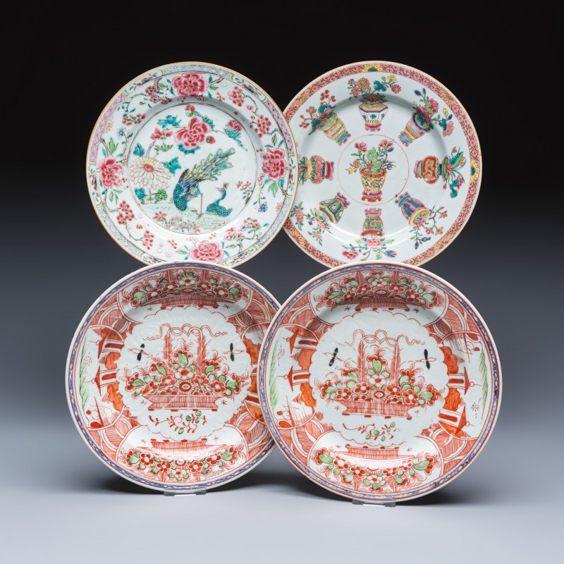 Two Chinese famille rose plates and a pair of Dutch-decorated plates