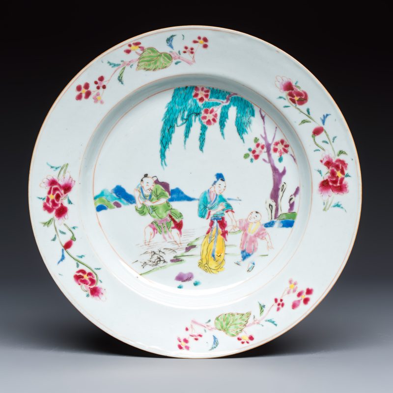 A Chinese famille rose 'Fisherman, Lady and Child' plate