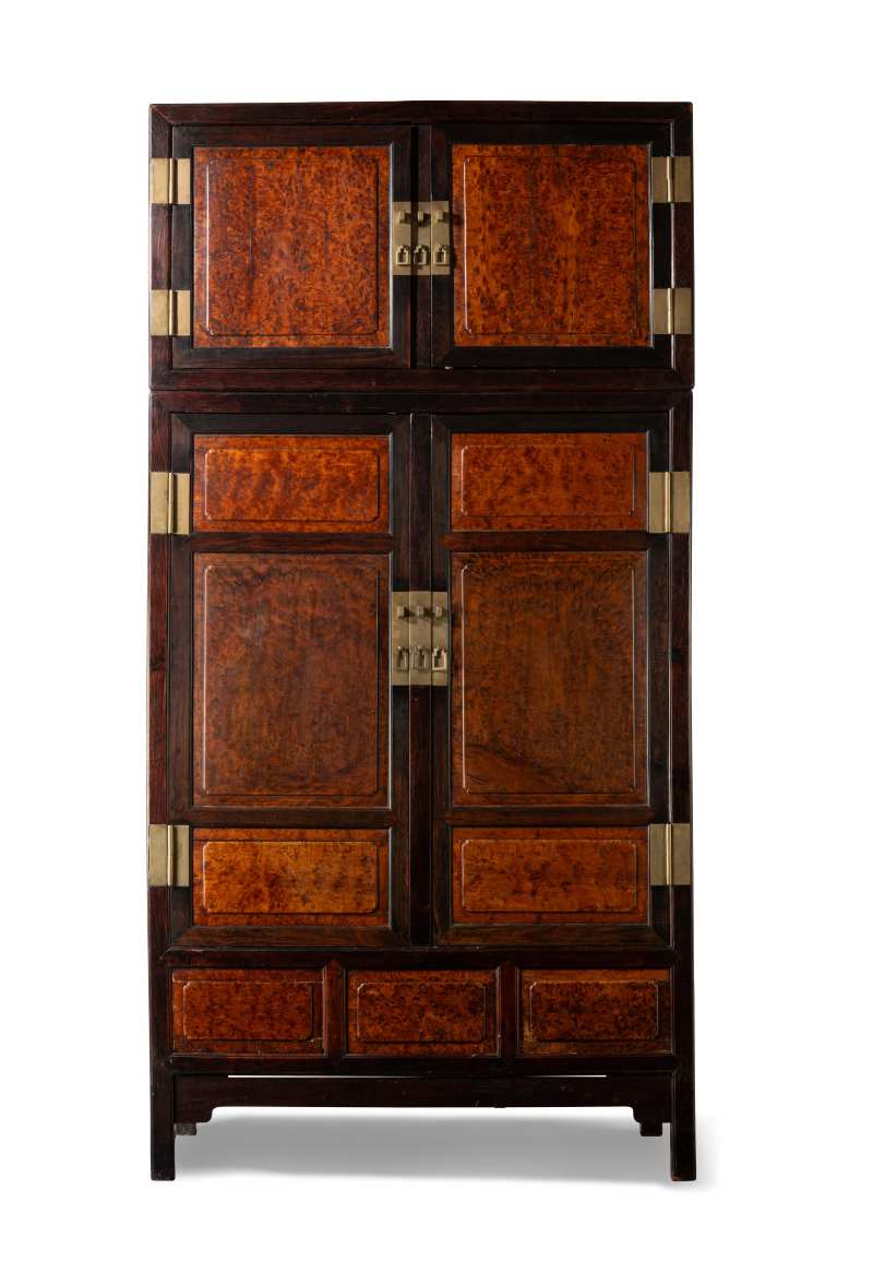 A pair of large hongmu and burl wood compound cabinets and hat chests - 图4