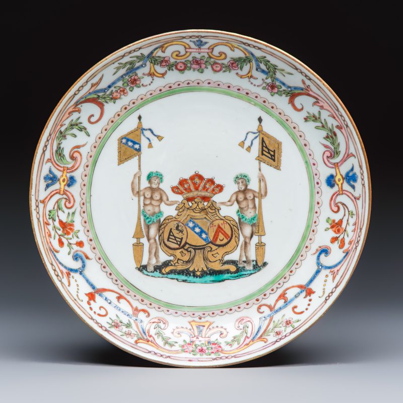 A Chinese famille rose armorial dish with the arms of Goos de Ghyseghem, Vecquemans and Golbeau for the Belgian market