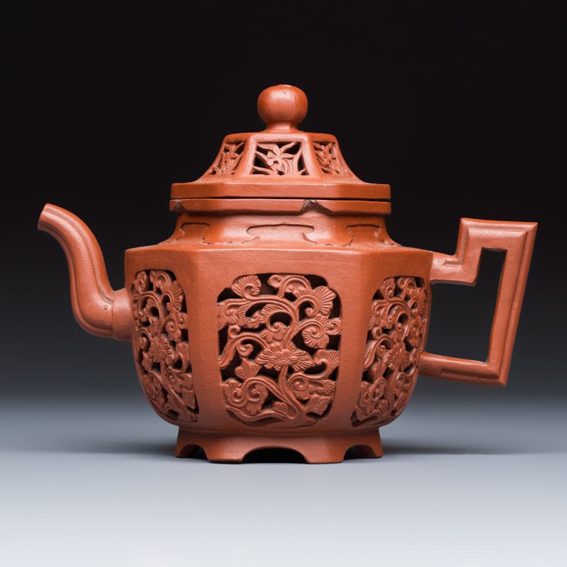 A Chinese Yixing stoneware openworked double-walled teapot and cover with floral design - 图2
