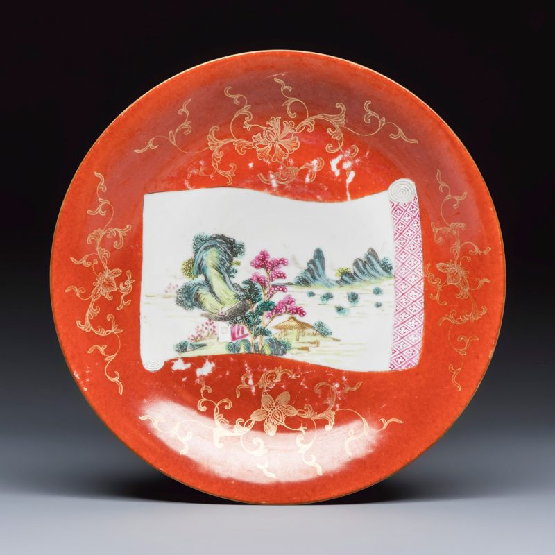 A Chinese famille rose coral-red-ground 'Landscape scroll' dish - 图1