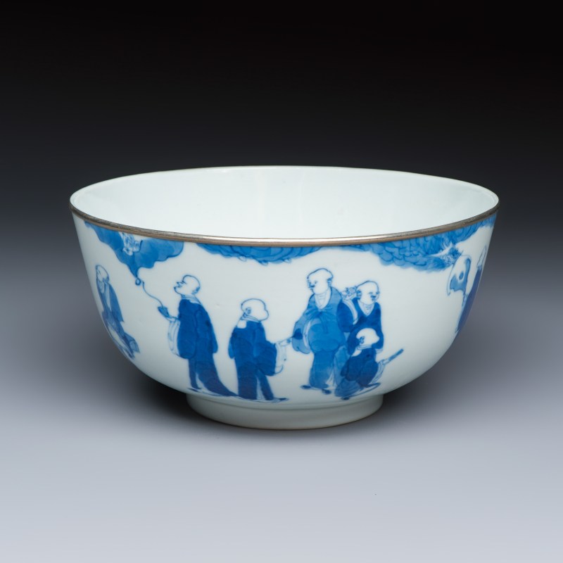 A Chinese blue and white 'Bleu de Hue' bowl with eighteen luohan