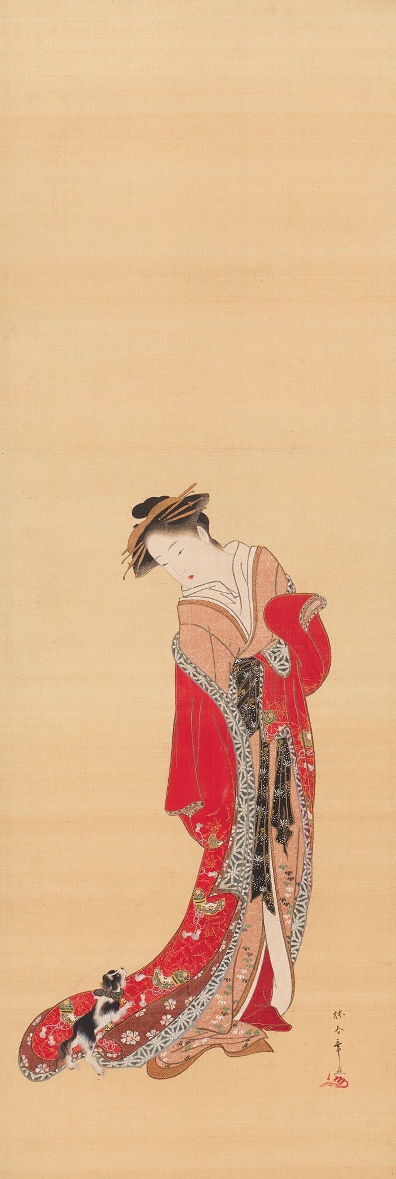 Katsukawa Shunsho (1726-1783), Young woman and dog, Edo period, late 18th century | 勝川春章　美人に犬　江戸時代中期　18世紀後半