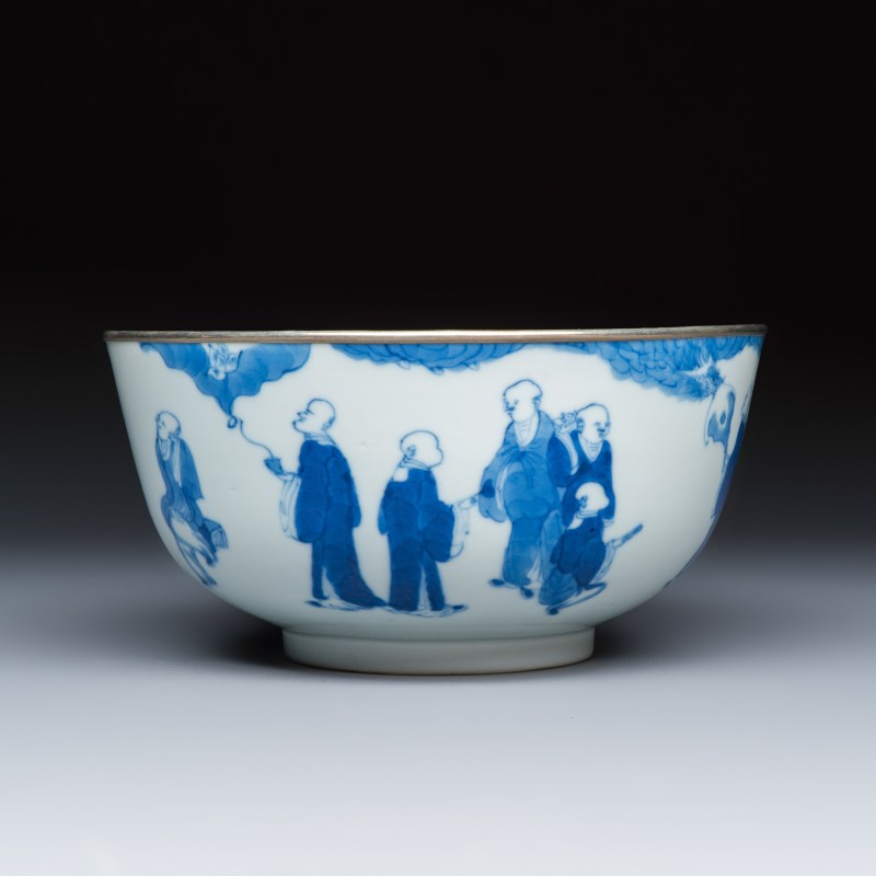 A Chinese blue and white 'Bleu de Hue' bowl with eighteen luohan - 图2