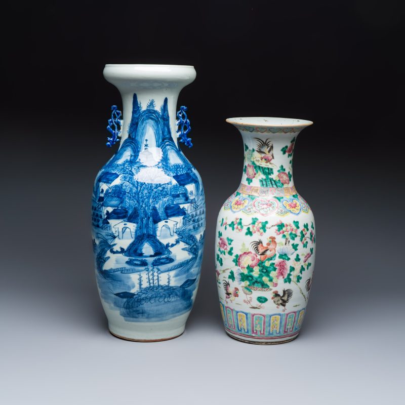 A Chinese blue and white 'Riverscape' vase and a famille rose 'Rooster' vase