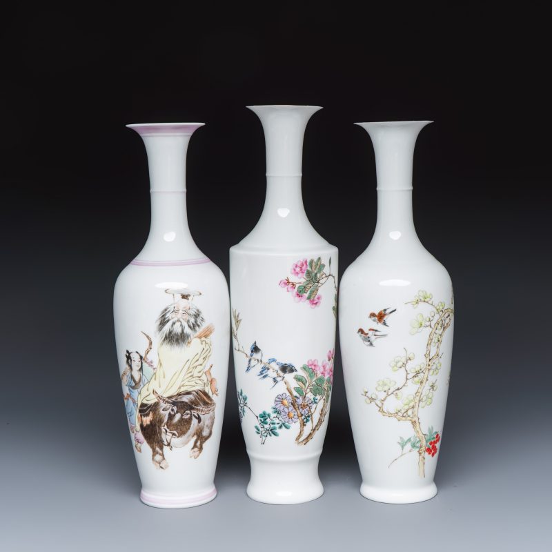 Three Chinese polychrome semi-eggshell vases