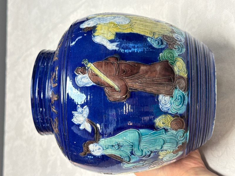 An inscribed Chinese polychrome-glazed blue-ground 'Eight Immortals' vase - 图11