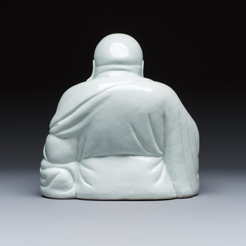 A Chinese white-glazed Milefo Buddha on a gilt-lacquered wooden lotus throne - 图5