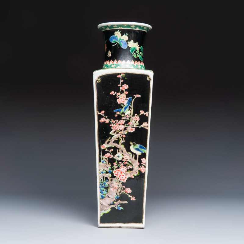 A Chinese famille noire square vase with birds among flowering branches