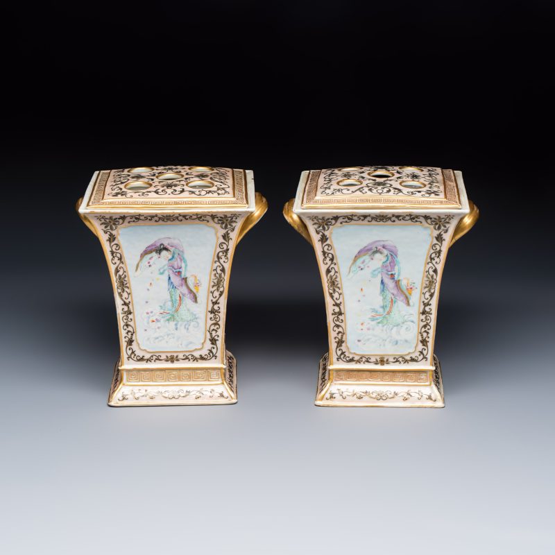 A pair of extremely rare Chinese Canton famille rose bough pots - 图2