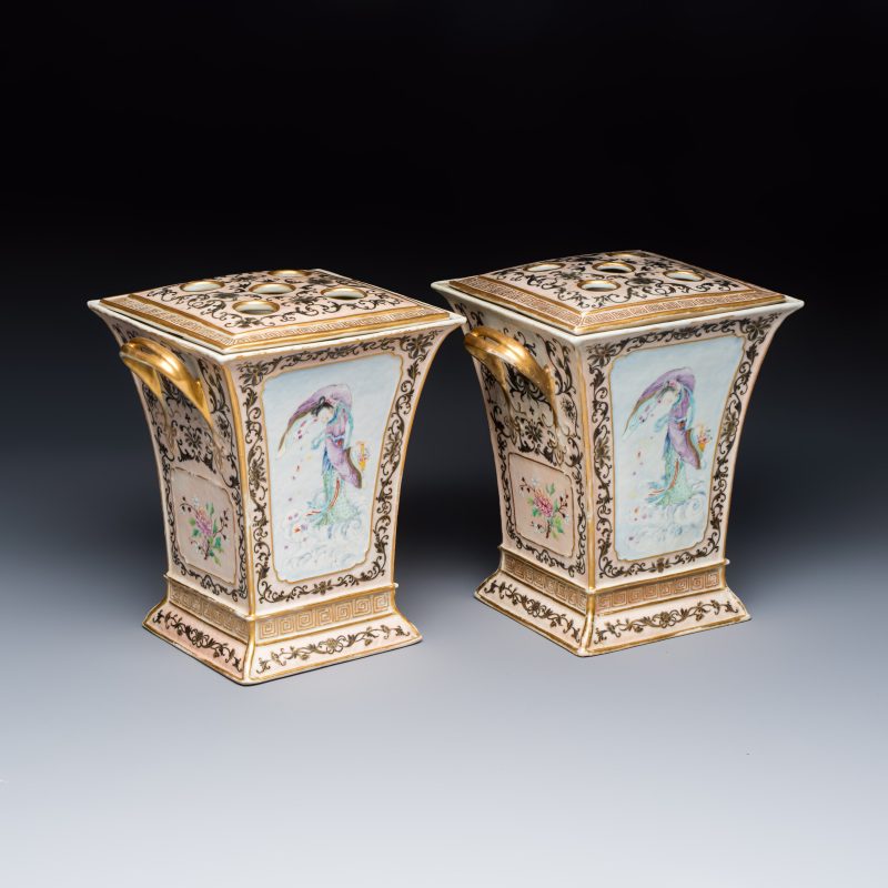 A pair of extremely rare Chinese Canton famille rose bough pots