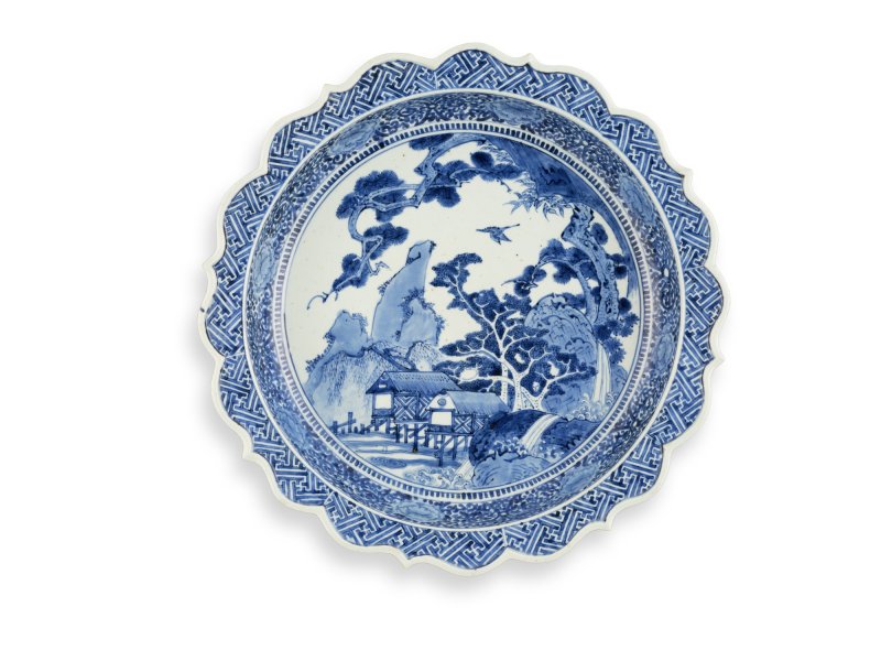A large porcelain dish, Arita ware, Hizen, Edo period, mid-17th century | 染付山水図輪花大皿　肥前　有田窯　江戸時代前期　17世紀中頃
