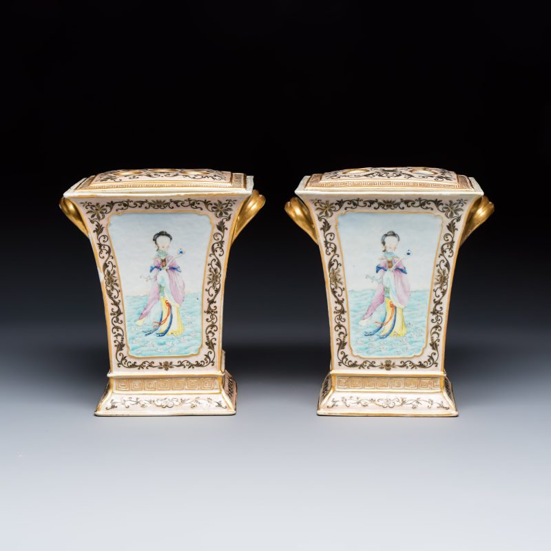 A pair of extremely rare Chinese Canton famille rose bough pots - 图5